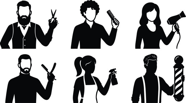 Flat design close up set of barber and hairdresser silhouettes holding scissors comb hair dryer spray bottle and barber pole on white background minimalist studio icons
