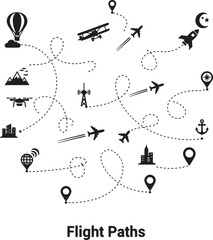 black and white illustration of various flight paths and transportation icons