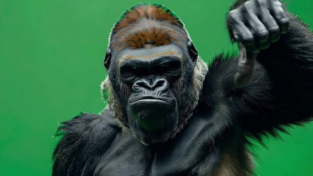 Realistic gorilla showing thumbs up gesture isolated on green background chroma key animation asset