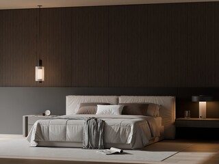 Luxury Dark Bedroom Interior Featuring Premium Bed Design &ndash; 3D Render