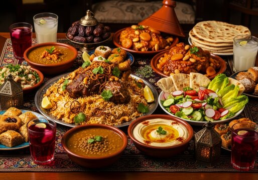 Islamic Iftar Food Feast Table with Lamb Rice and Dates for Ramadan Banner