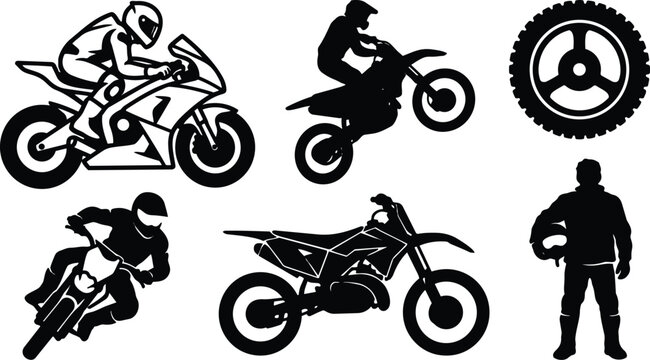 Motocross silhouette jumping dirt bike and sport bike side views with rider holding helmet and large tire icon flat vector graphic set bold black isolated simple