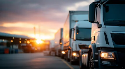 Canvas schilderij Voertuigen Semi-trailer trucks in parking lot at sunset, delivery trucks for cargo shipping operations visible, lorry vehicles for industry freight logistics concept, transport trucks at rest  © Kateryna