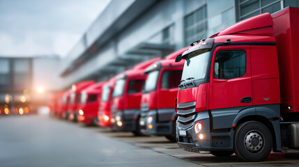 Obraz premium Fleet of trucks parked in front of warehouse, delivery vehicles ready for factory goods distribution, commercial freight with organized vehicle staging area, logistics operation wi