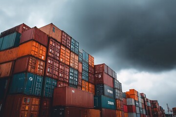 Fototapeta premium Stacked Shipping Containers Under a Dramatic Sky in a Shipping Yard