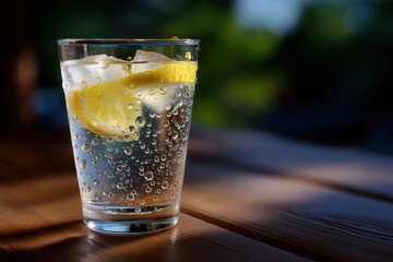 Fototapeta premium Refreshing drink with lemon slice in glass on wooden table