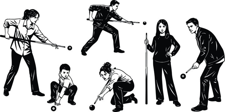 Line art close up and full body bocce players throwing measuring crouching and preparing shots in varied poses on white background dynamic sports action composition illustration