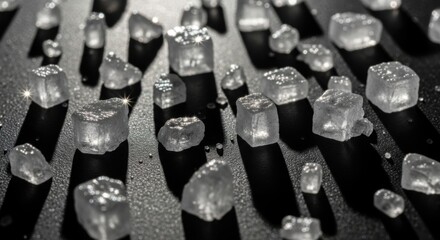 Close-up of ice cubes on a reflective black surface.