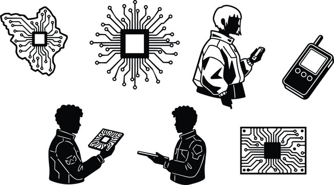 Line art tech vector showing close up microchip circuit icons and silhouette technicians inspecting tablet and handset in communication repair context high contrast modern utility set