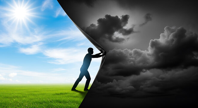 Silhouette of man pulling back dark stormy weather to reveal bright sunny day