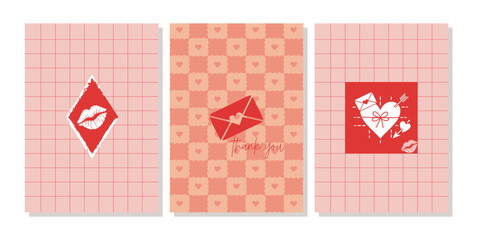 Set of three romantic, graphic illustrations with a Valentine's Day theme, featuring lips, hearts, envelopes, and a thank you message on a pink grid background.