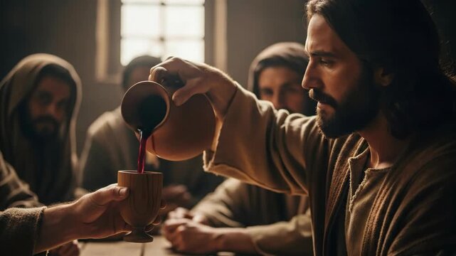 Last supper with Jesus. Man pouring red wine into a wooden cup. Christian spiritual gathering.	
