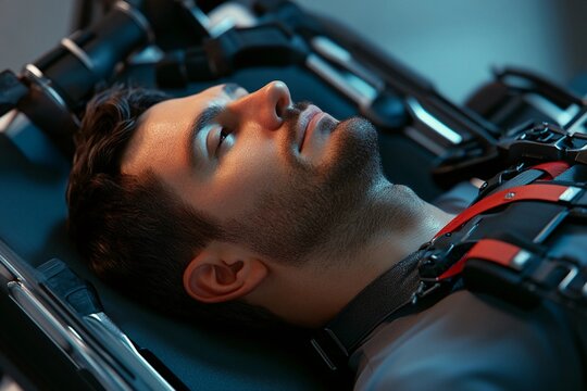 Man lying on spinal traction device calmly