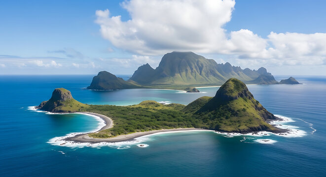 Aerial view of a remote tropical island archipelago with lush green mountains and clear blue ocean.