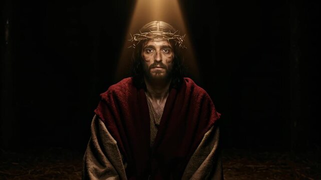 Jesus Christ, a man wearing a crown of thorns and red cloak, with his head bowed for Passion week and Good Friday.