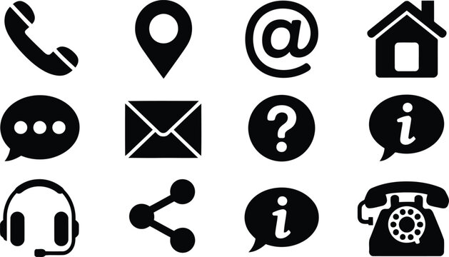 A comprehensive set of essential black communication and contact symbols on a clean white field