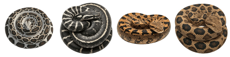 Obraz premium Set of coiled snakes: Collection of realistic snakes in defensive curled positions with various scale patterns and colors isolated on white background for wildlife and education.
