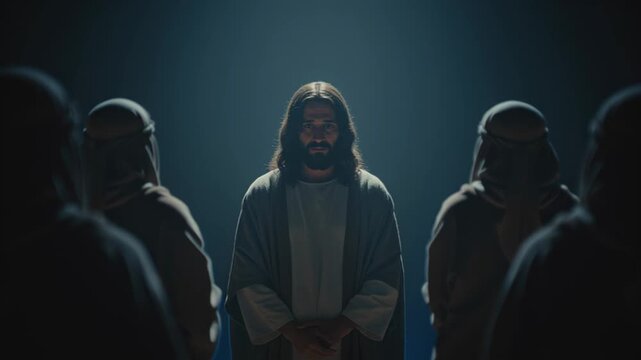 Man, Jesus Christ, enduring accusations during trial with accusers pointing in this religious scene