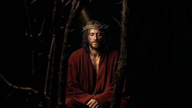 The suffering of Jesus Christ, a man wearing a crown of thorns and red robe under a beam of light. Passion week and Lent concept.