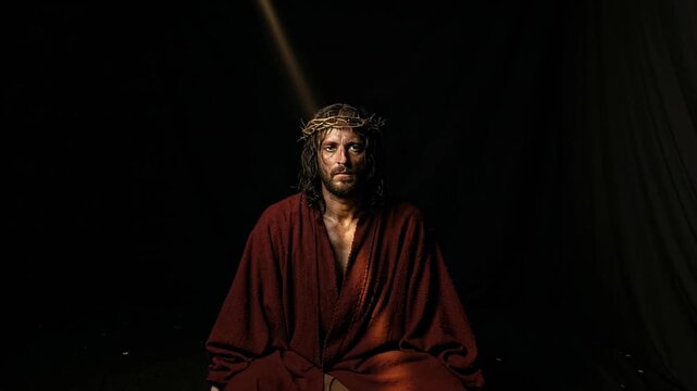 Caucasian man with crown of thorns in red robe, eyes closed and then open, Jesus Christ suffering and resilience for Easter.