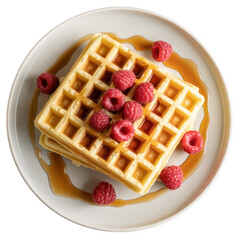 Golden waffles with raspberries and syrup on plate isolated on a transparent background