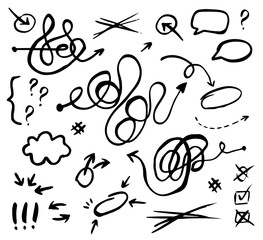 Hand drawn black marks, featuring arrows, circles, question marks, tangled lines transitioning from chaos to straight arrow. 