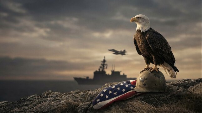 Bald eagle perching on military helmet with American flag. Patriotic concept for Memorial Day. Military service honor