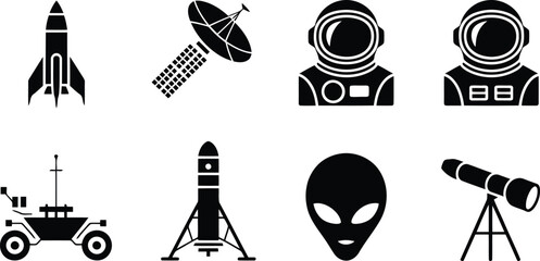 Fototapeta premium A group of black glyph icons illustrating space missions, cosmic observations, and alien life forms