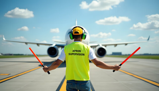 Airport ground crew member guiding an airplane with marshalling wands on the tarmac