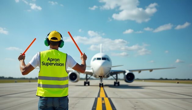 Airport ground crew member directing an airplane with marshalling wands on a sunny day