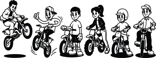 Obraz premium Line art vector close up of children on dirt bikes performing wheelie and jump one looking at camera wearing helmet and cap side view playful motion