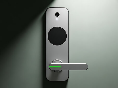 Modern smart door lock with illuminated keypad and handle isolated on white background