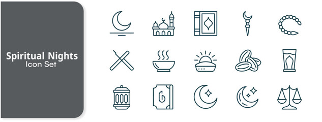 A collection of spiritual nights related line art icons representing significant religious traditions and observances like fasting prayer and celebration in a minimalist design.