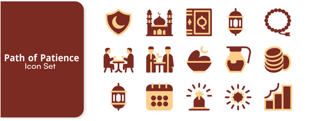 Collection of flat design islamic icons illustrating themes related to patience faith worship charity and spiritual growth in a cohesive set.