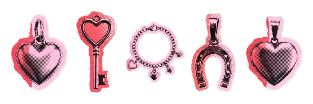 Pop-art hearts and charms zine collage sticker Set.