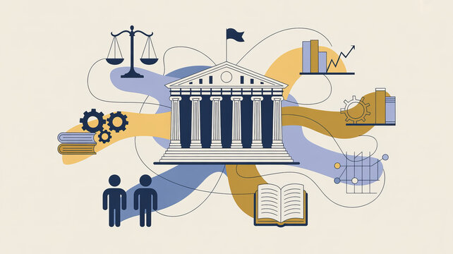Government Institution: An illustrated depiction of a grand government building, symbolizing the pillars of law, justice, and the societal infrastructure it governs.