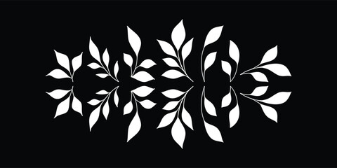 White leafy branch silhouette on black background. Botanical foliage ornament for logo, tattoo, and decor. Minimal floral vine design in elegant style. © redoan
