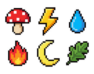 Fototapeta premium Pixel Art Nature Elements Icons - Fire Water Lightning Mushroom Set