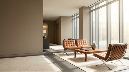Fototapeta premium Modern corporate lounge area with brown leather chairs and large windows. Stylish office interior for business reception or waiting room