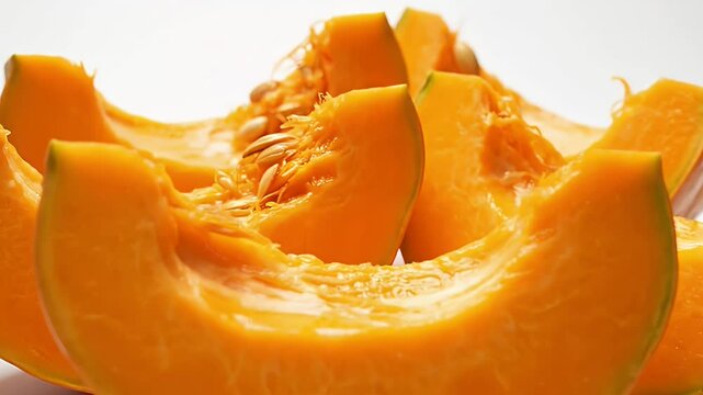 Vibrant Slices Of Ripe Cantaloupe Melon With Visible Seeds And Pulp Against A Bright White Background