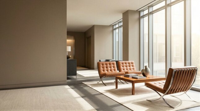 Modern corporate lounge area with brown leather chairs and large windows. Stylish office interior for business reception or waiting room
