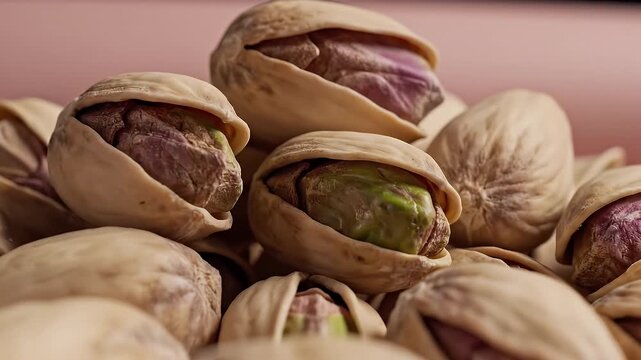 Pile of Unshelled Pistachios with Visible Green Kernels on a Soft Pink Background with Gentle Lighting
