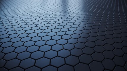 Dark blue hexagonal grid pattern on a reflective surface, futuristic technology background, science fiction abstract texture