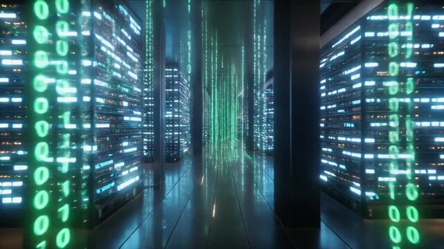 Green digital data streams flow through rows of computer servers in a darkened server room with blue illuminated racks