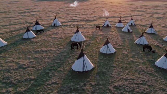 A large group of teepees are spread out across a field. The teepees are arranged in a circle, with some of them being closer to the camera and others further away. The scene has a peaceful