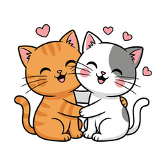 Obraz premium Cute Loving Kittens Hugging with Hearts, Adorable Romantic Cartoon Cat Illustration Isolated on White 
