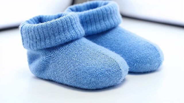 Soft Blue Baby Booties with Ribbed Cuffs on White Surface with Blurred Background