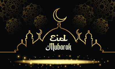 Elegant Golden Eid Mubarak Greeting Card with Mosque Silhouette