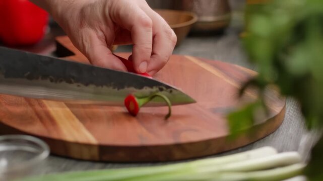 A close-up of a sharp knife slicing a red chili pepper on a rustic wooden board. Other vegetables and spices are blurred in the background. Concept of spicy food preparation