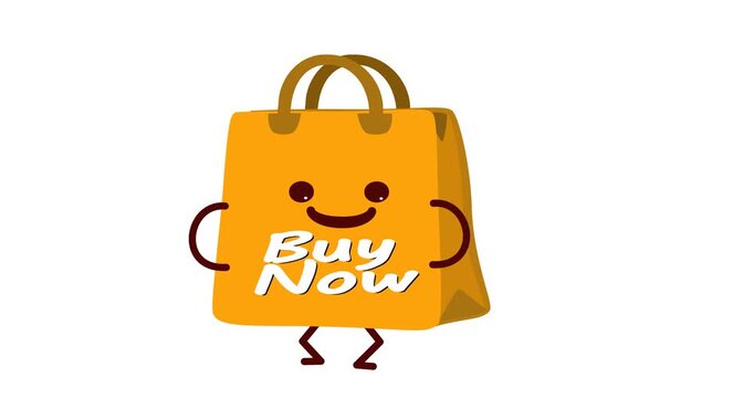 HD video of cute and friendly shopping bag character with discount or promotion text. Ideal for eCommerce promotions, sales campaigns, online shopping ads, social media marketing, seasonal discounts, 